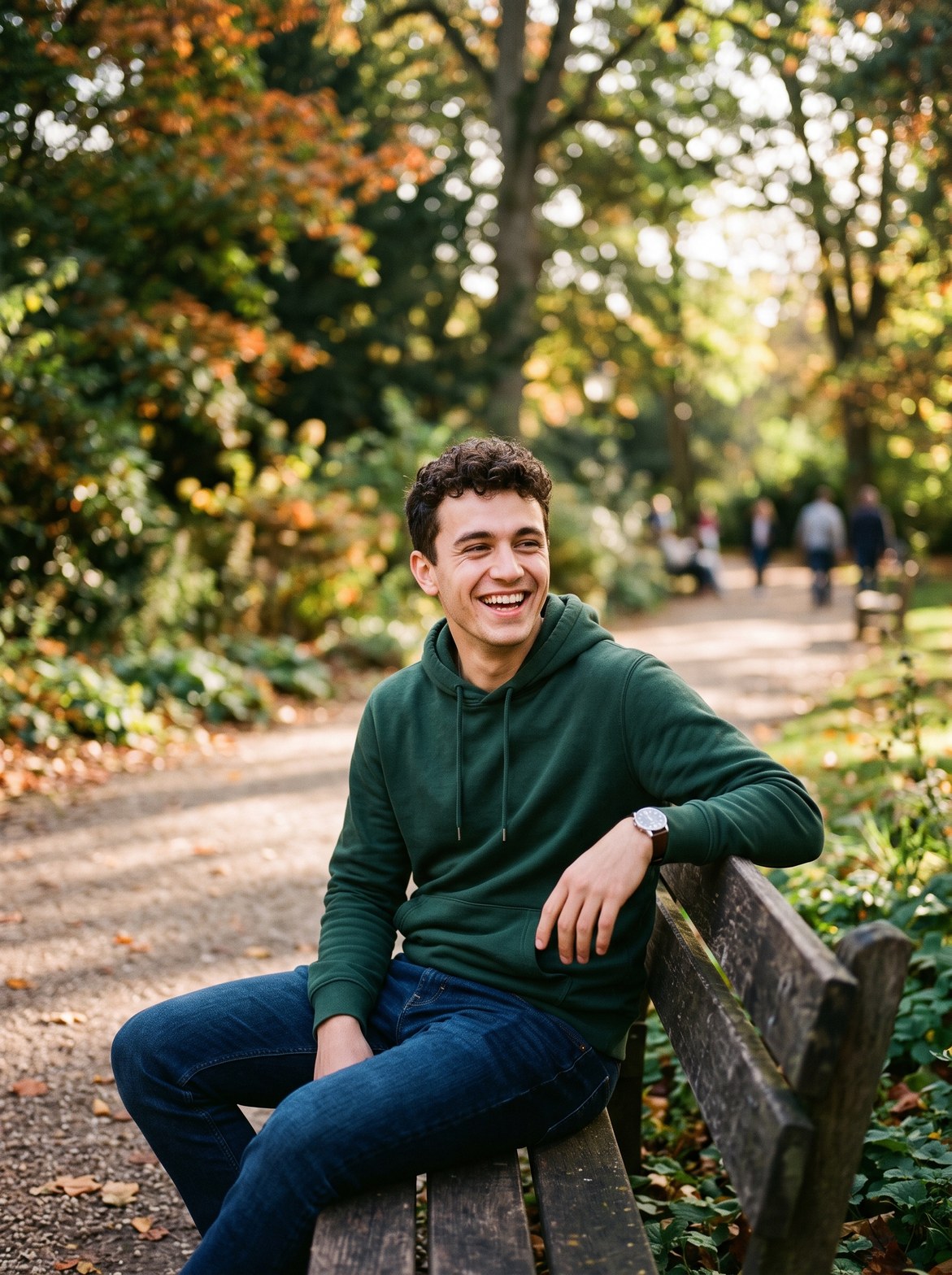 Person smiling on park bench in recovery